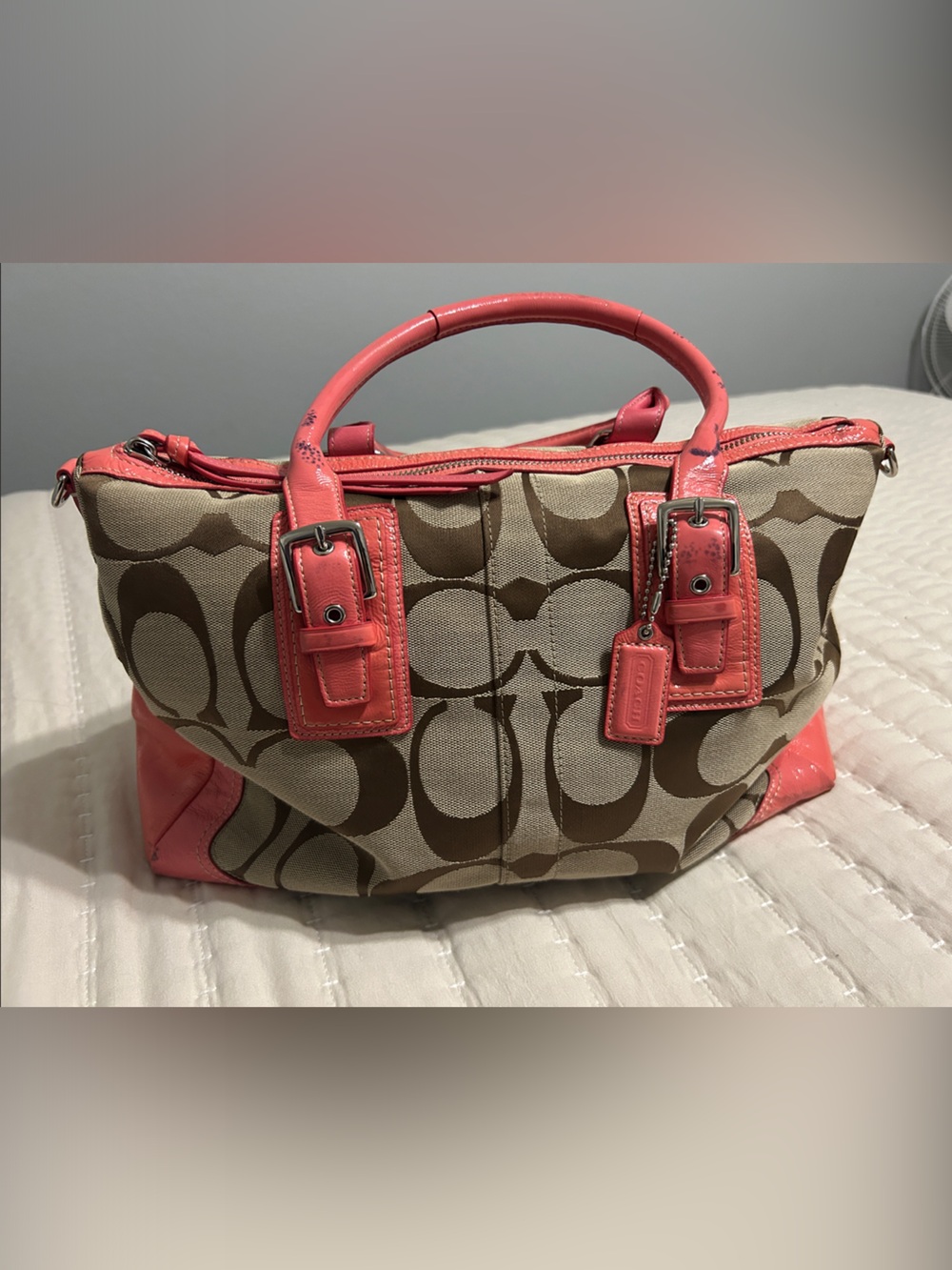 Coach Brown Signature Canvas Satchel with Coral Trim